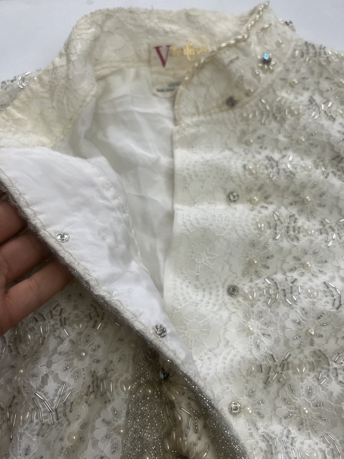 Rare 60s Vintage Valentina Designer Pearl Beaded Collared White Top Shirt
