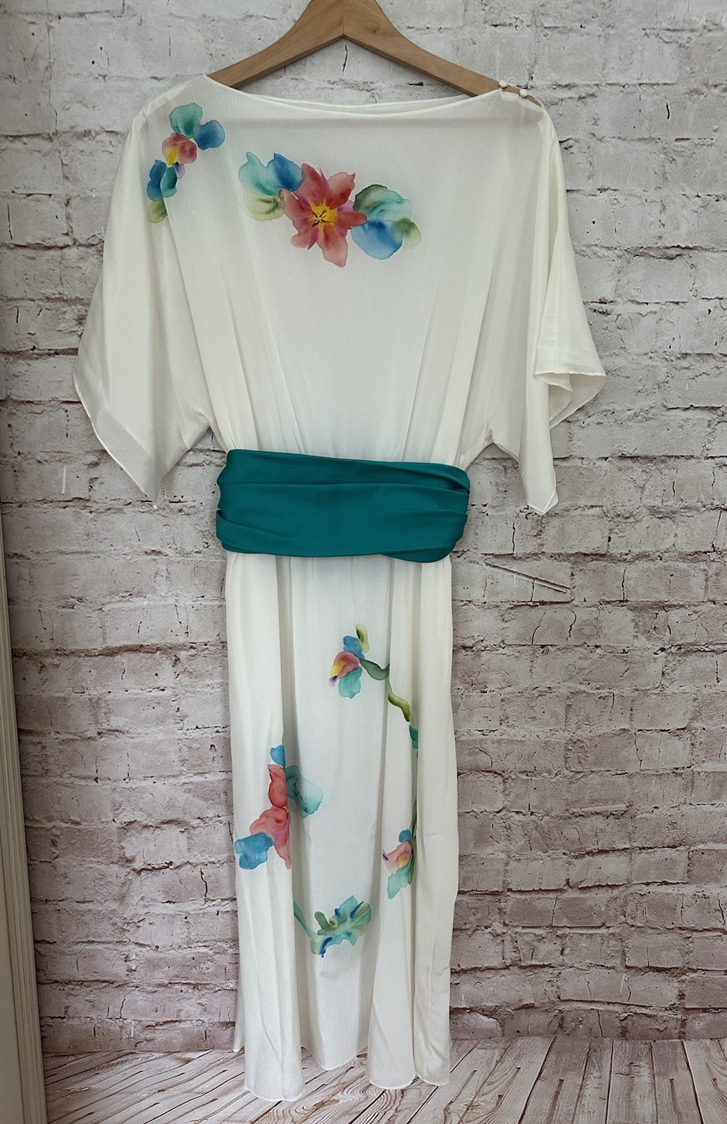 Dan Lee Couture Vintage 70s Ivory Tropical Floral Dolman Sleeve Midi Dress Sz S