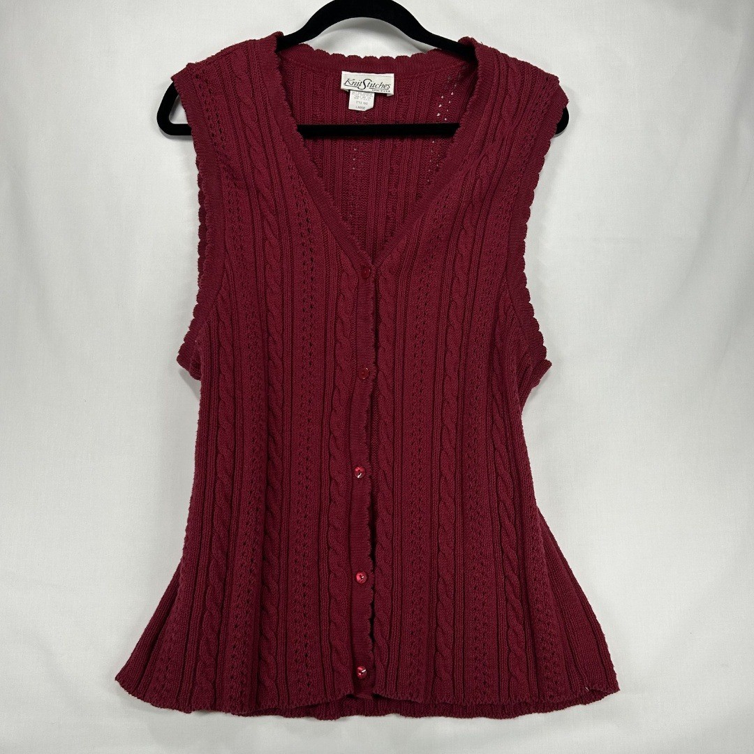 Vintage 90s Knit Stitches Cable Knit Sweater Vest Maroon Red Cardigan Large