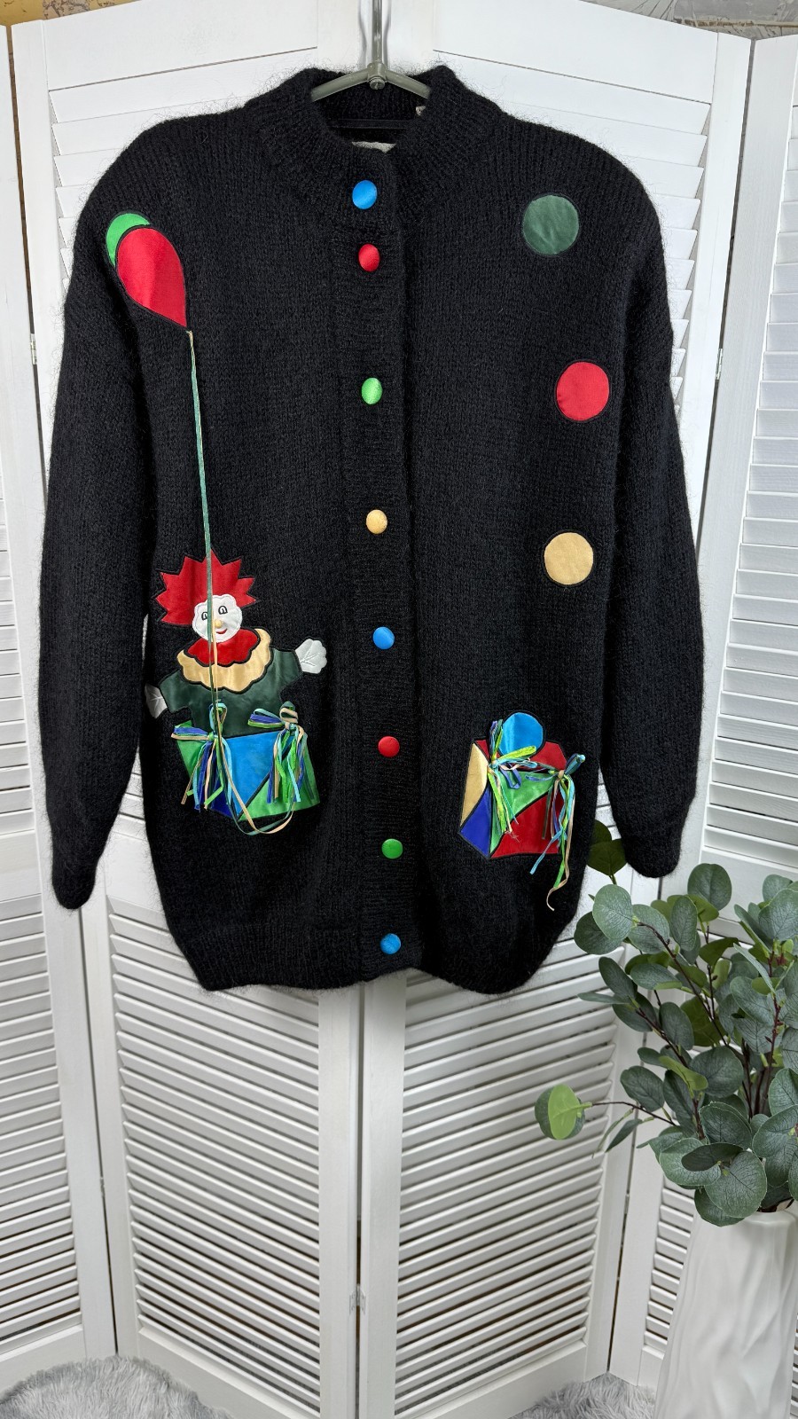 Vintage Hamells Mohair Cardigan Clown Motif Size L Lined Retro Sweater