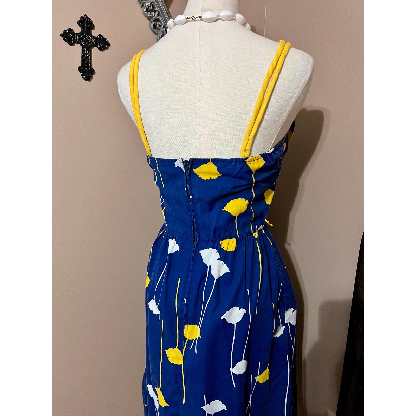 Vintage 70s Blue & Yellow Floral Tank Sundress Retro Mod Size Small