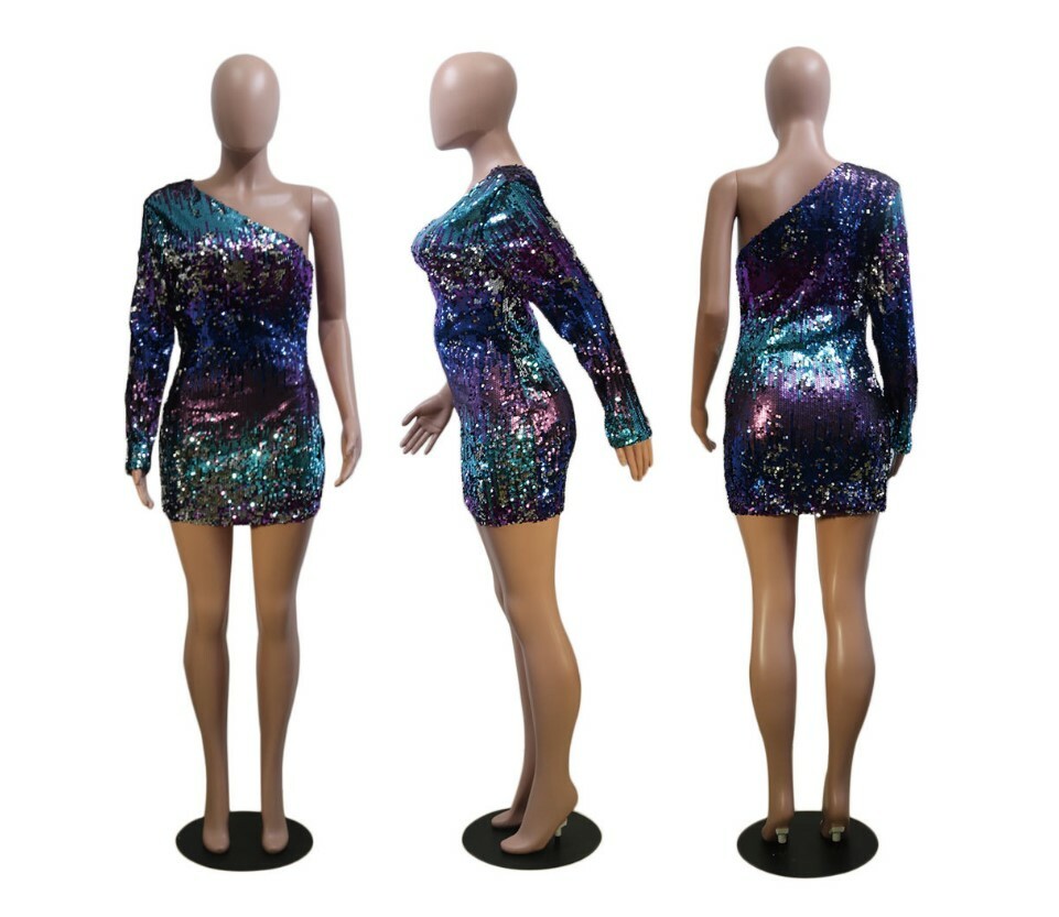 Women One Shoulder Skew Neck Sequins Bodycon Bandage Club Party Mini Dress #P24