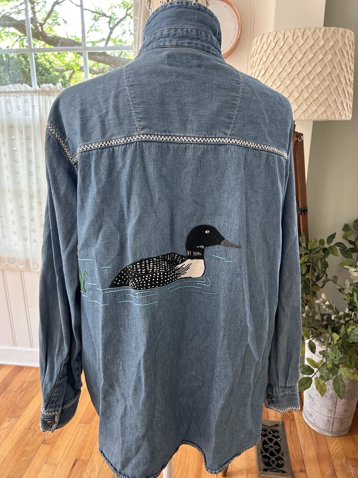 Vintage 90s Loon Embroidered Nature Shirt Size 18 Women’s Denim Hand Stitch