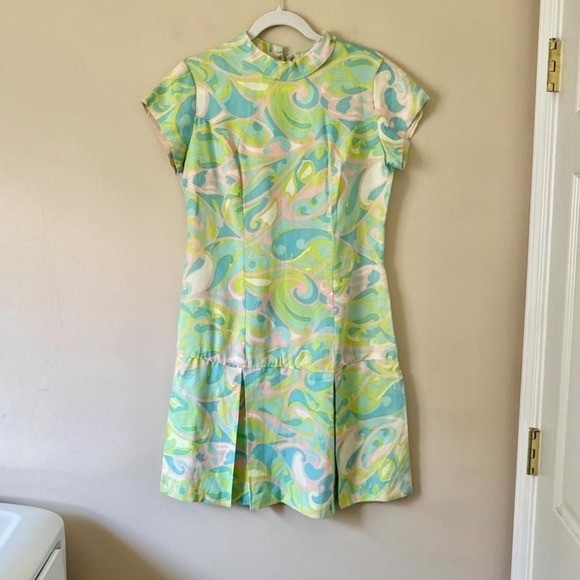 Vintage 60s Drop Waist Mini Dress Pink green blue psychedelic dayglo swirl