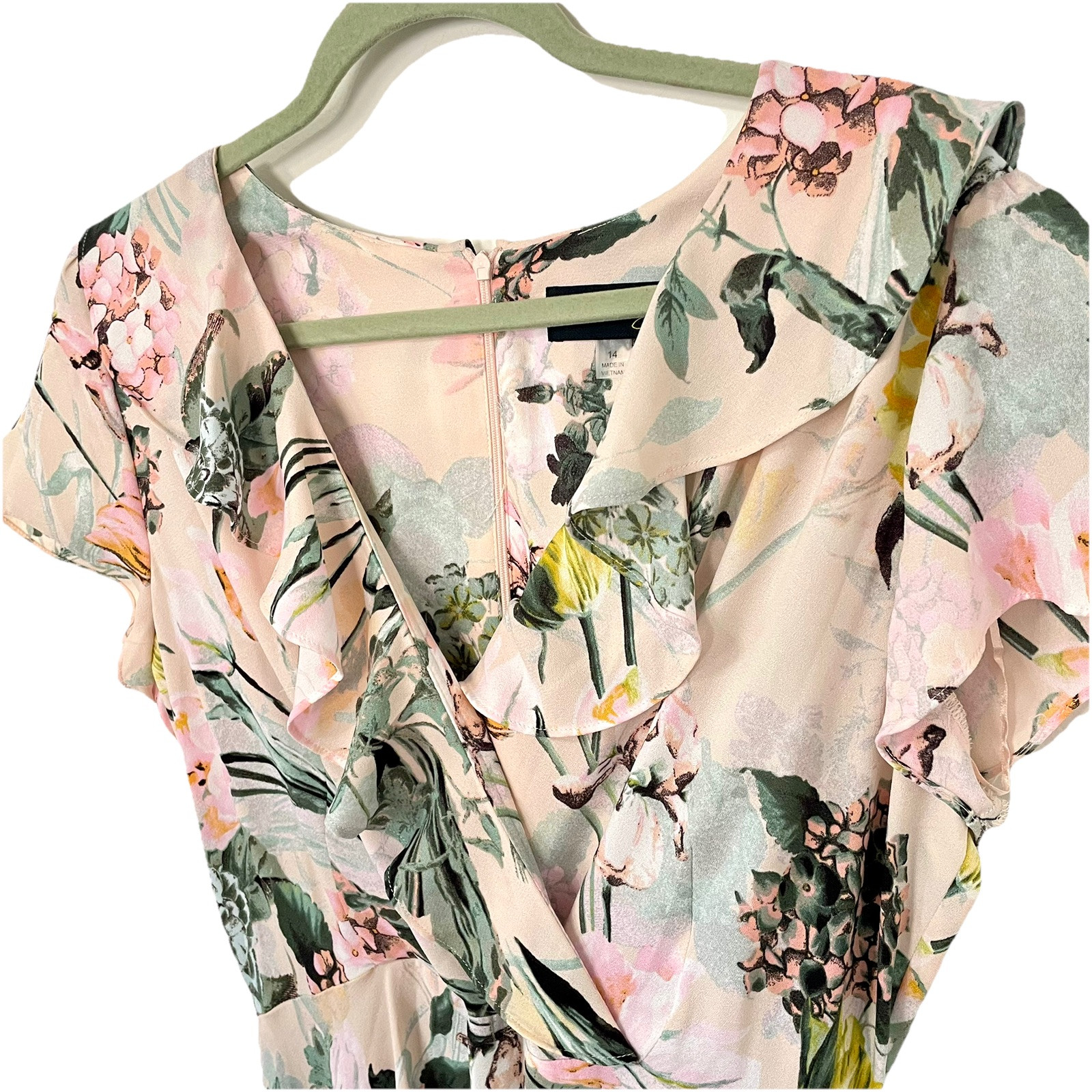 DN Design Dress 14 Ruffle V Neck 90s Floral Blush Hi Low Cottage Garden Feminine