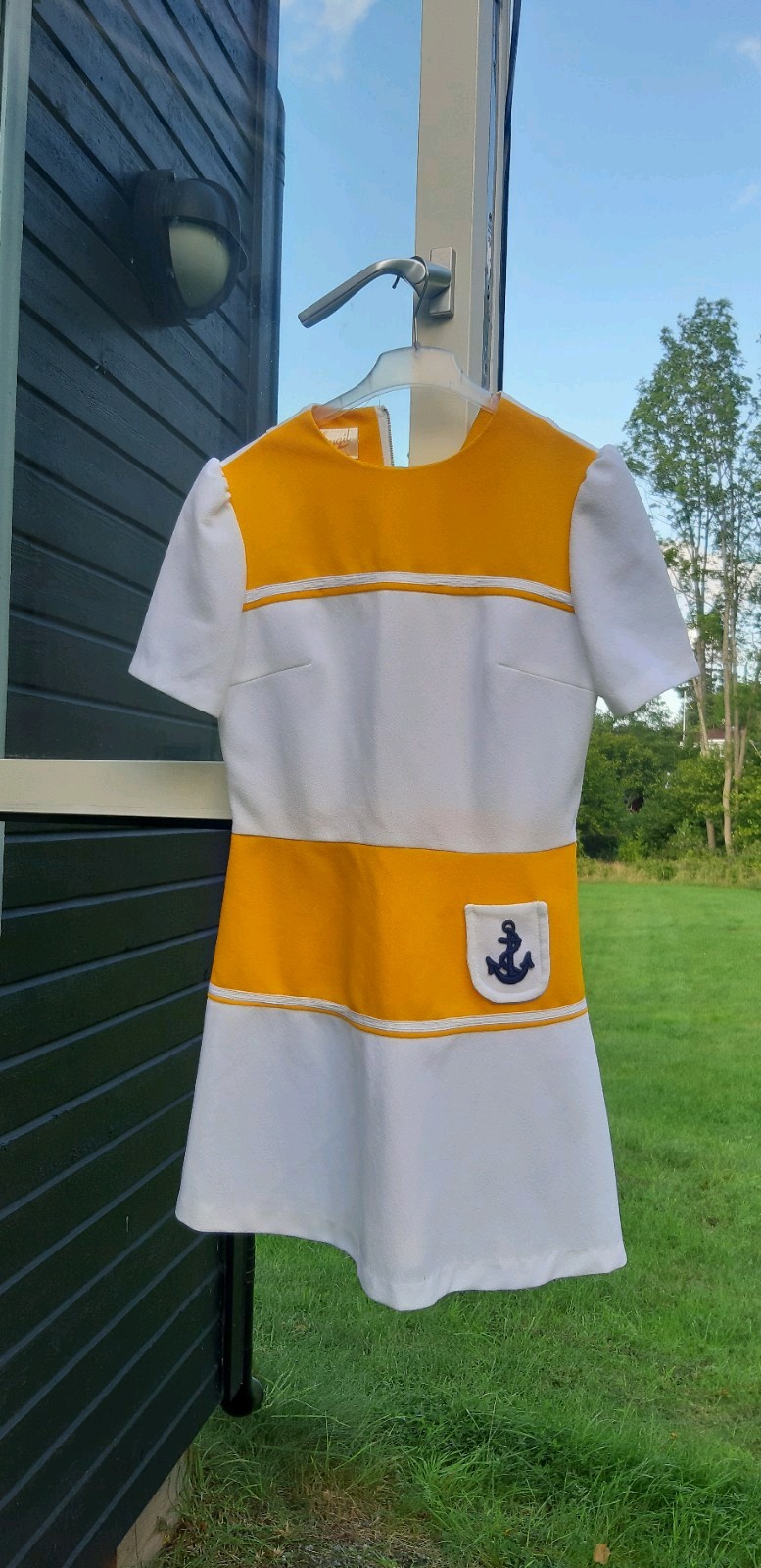 Vintage 1960s Leygil Mod Mini Dress Crimplene Orange White Nautical Anchor UK .