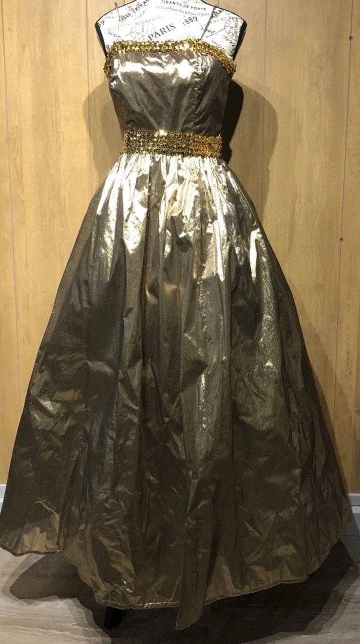 Vintage 80’s JC Penny Gold Lame Gown Party Prom Sequin Spaghetti Strap Dress XS
