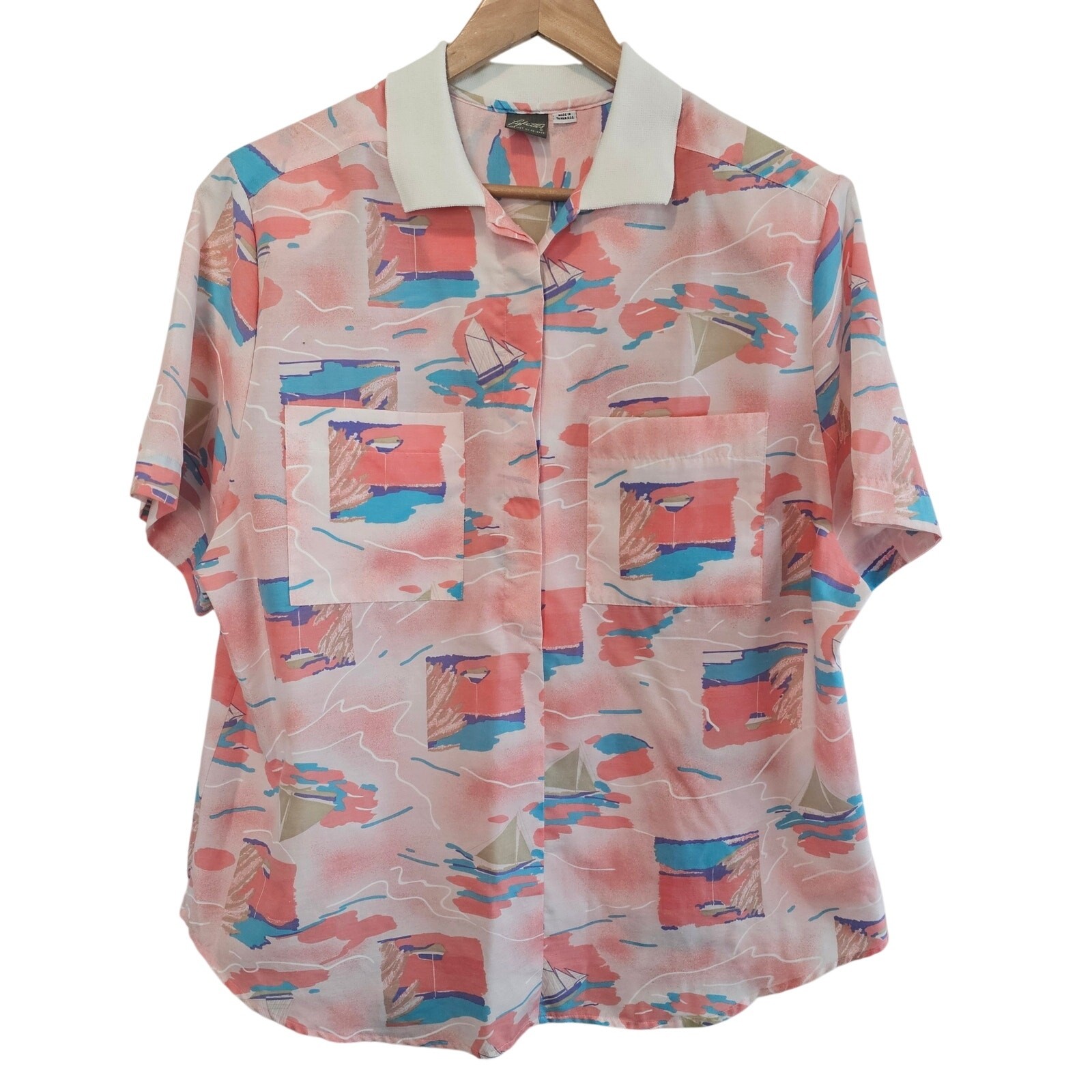 Vintage Sailing Blouse Womens 2X Pink Nautical Cottage Preppy 90s Granny Resort
