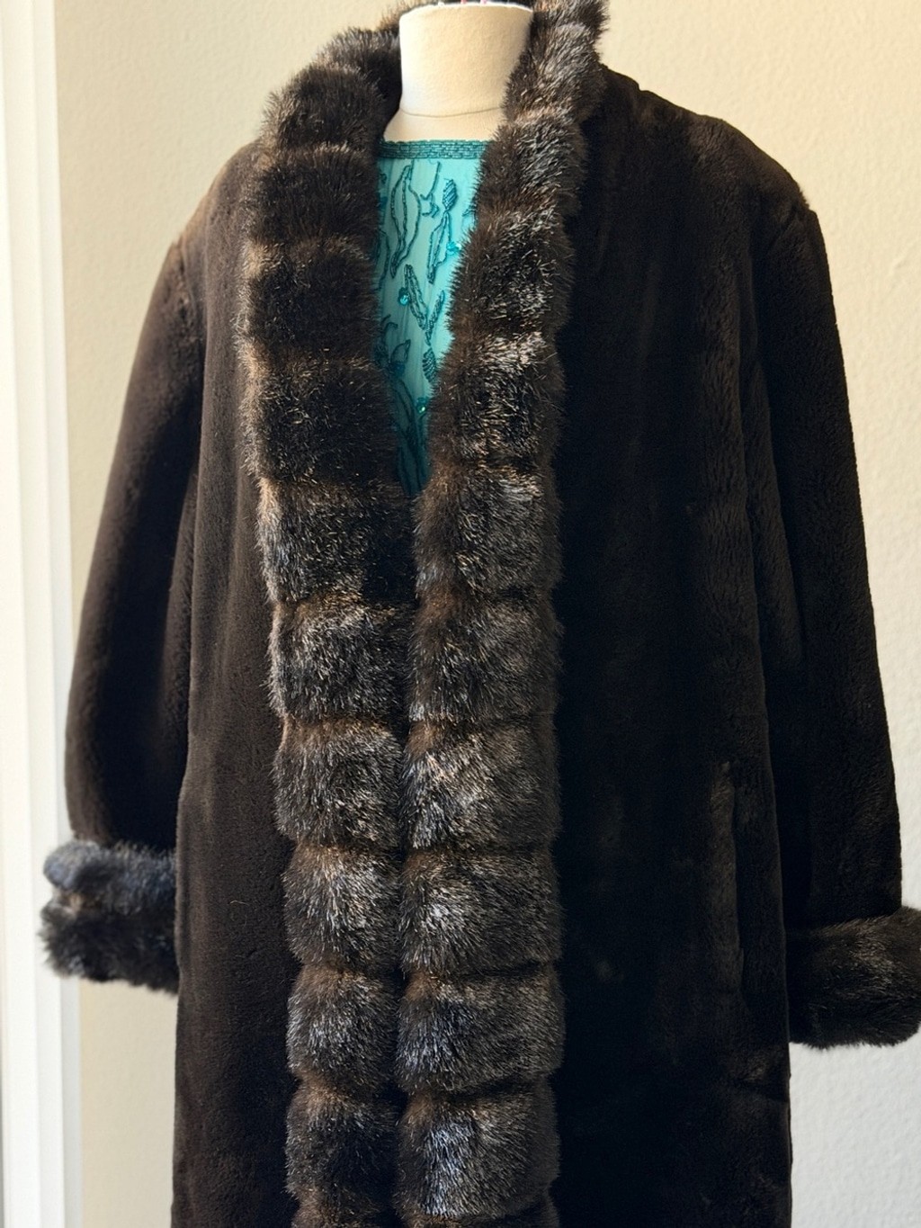Vintage Marvin Richards Luxurious Dark Brown Faux Fur Coat with Plush Trim