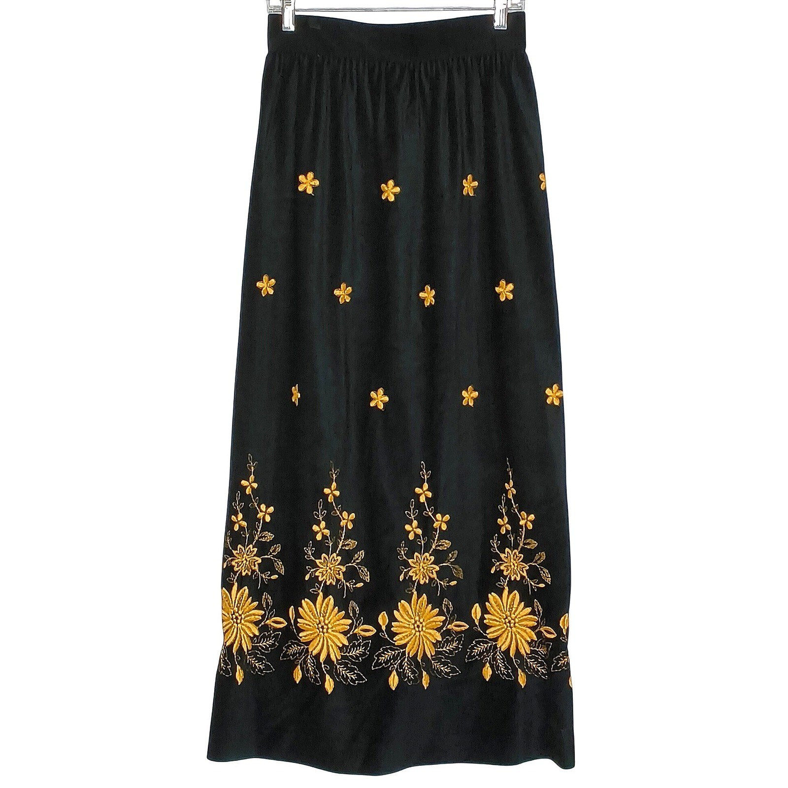 Vintage Elinor Gay Floral Embroidered Maxi Skirt Womens 12 Black Gold Boho