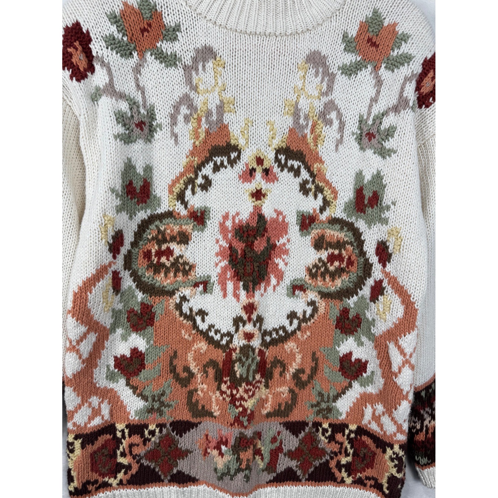 Heirloom Collectibles Vintage 1991 Floral Knit Sweater Cream Peach Womens Medium