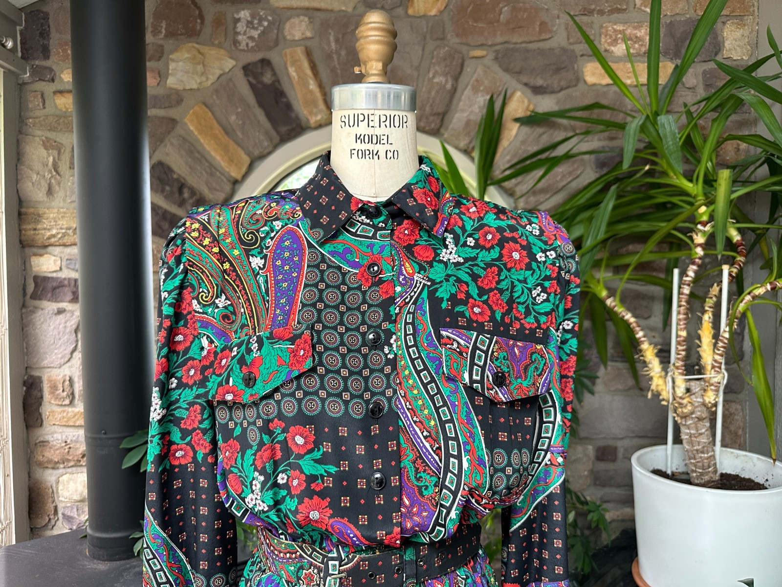 Vintage 1980s Black and Green Floral Paisley Dress Leslie Fay Dresses