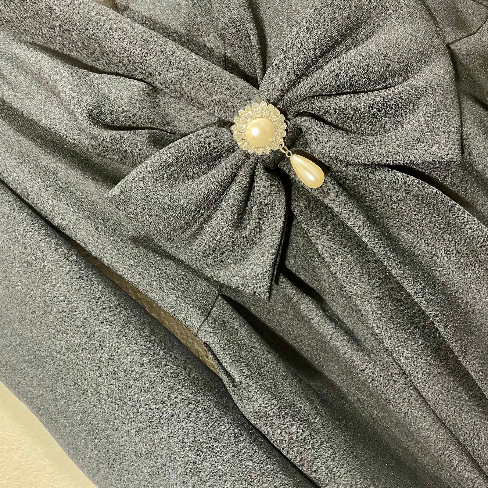 Vintage 1980s Black Satin Jumpsuit Late Edition Evening Glam Faux-Pearl Bow S/M