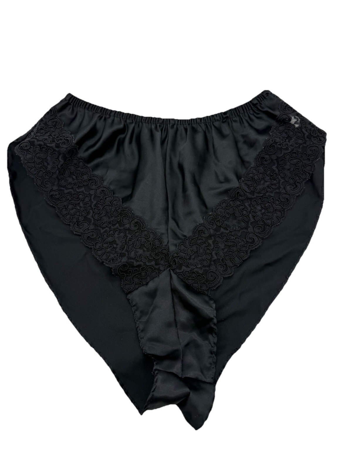 Vtg Women’s Panty Size Med Black Satin High Cut Leg Lace Goth Coquette USA