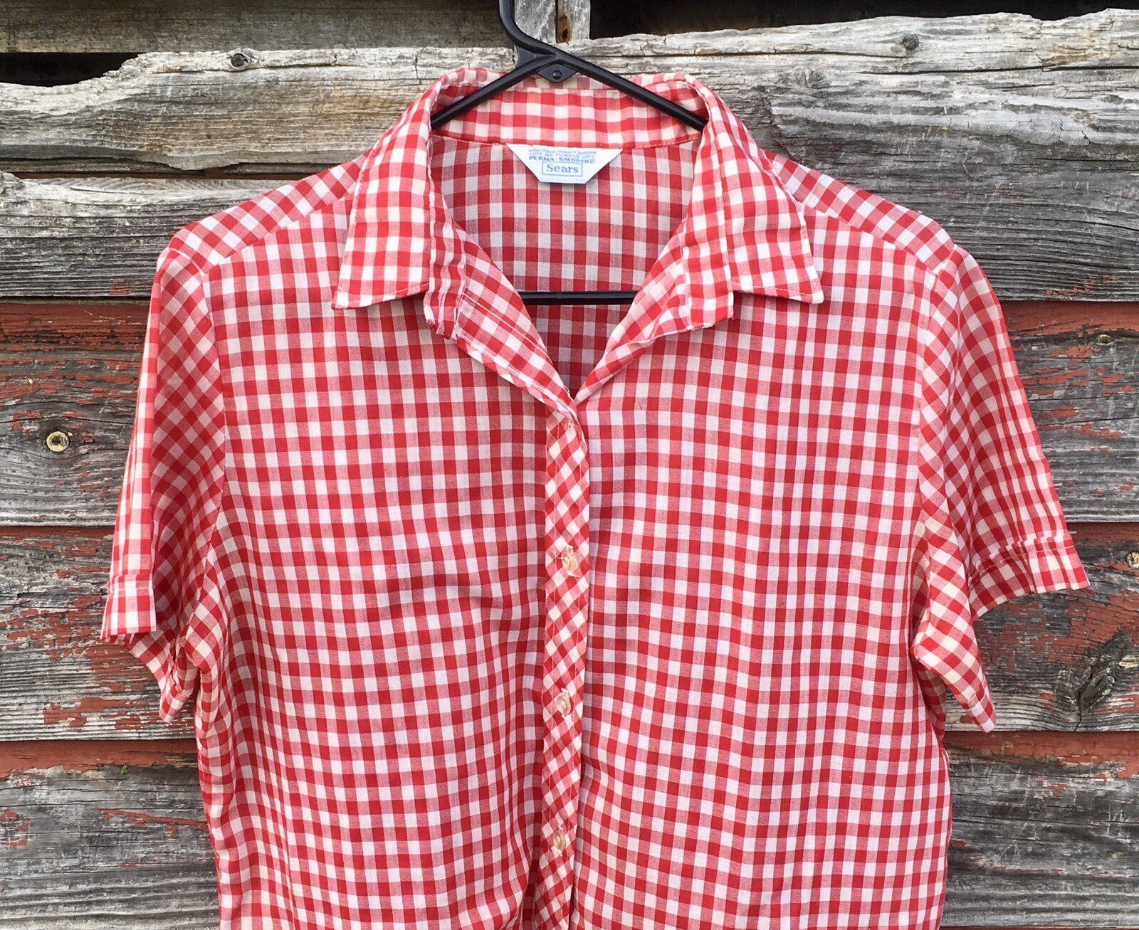 Vintage SEARS Perma-Smooth Red Checkers M Button Up Shirt Blouse Rockabilly Nice