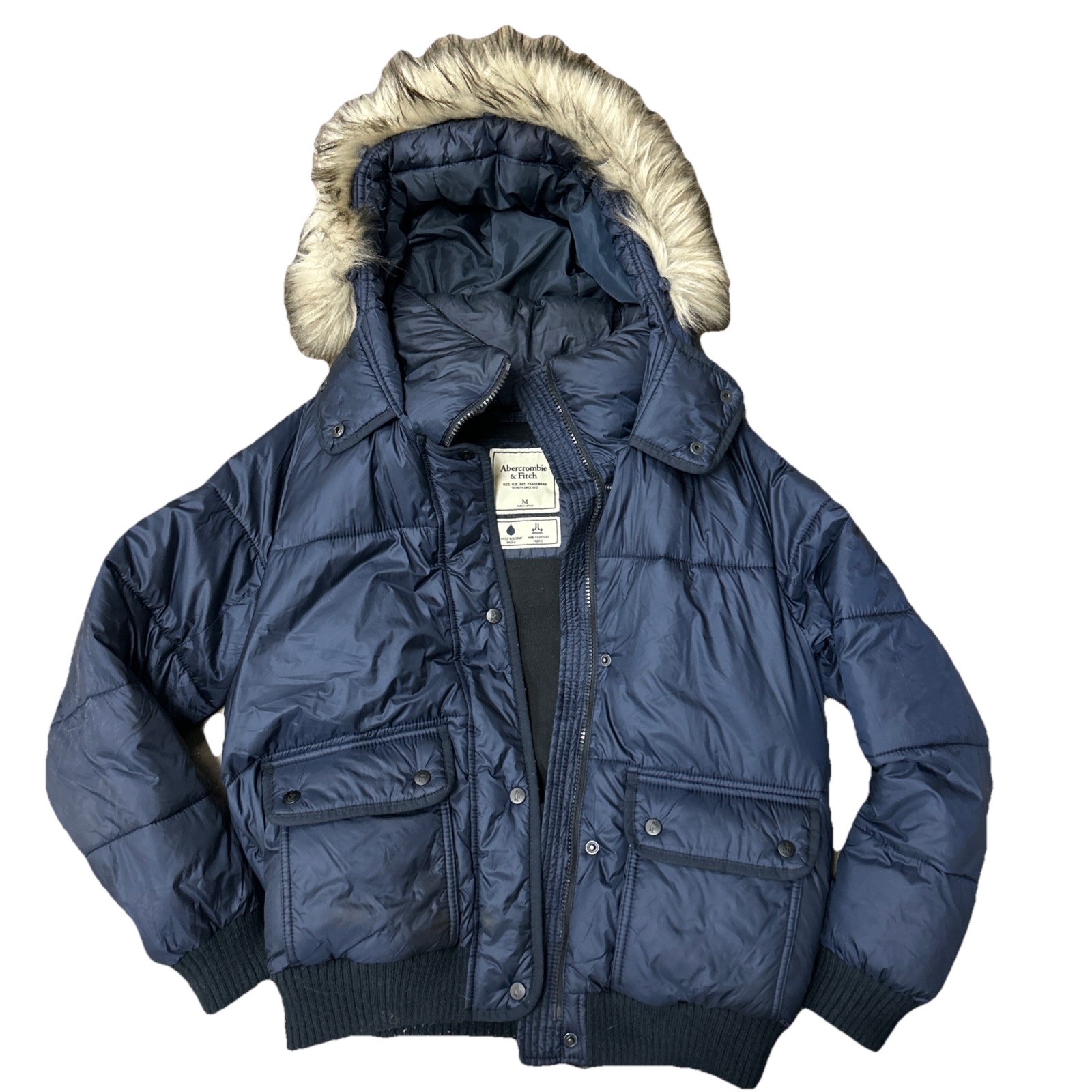 Vintage Y2K Abercrombie & Fitch Faux Fur Hood OG Blue Puffer Jacket Coat Size M