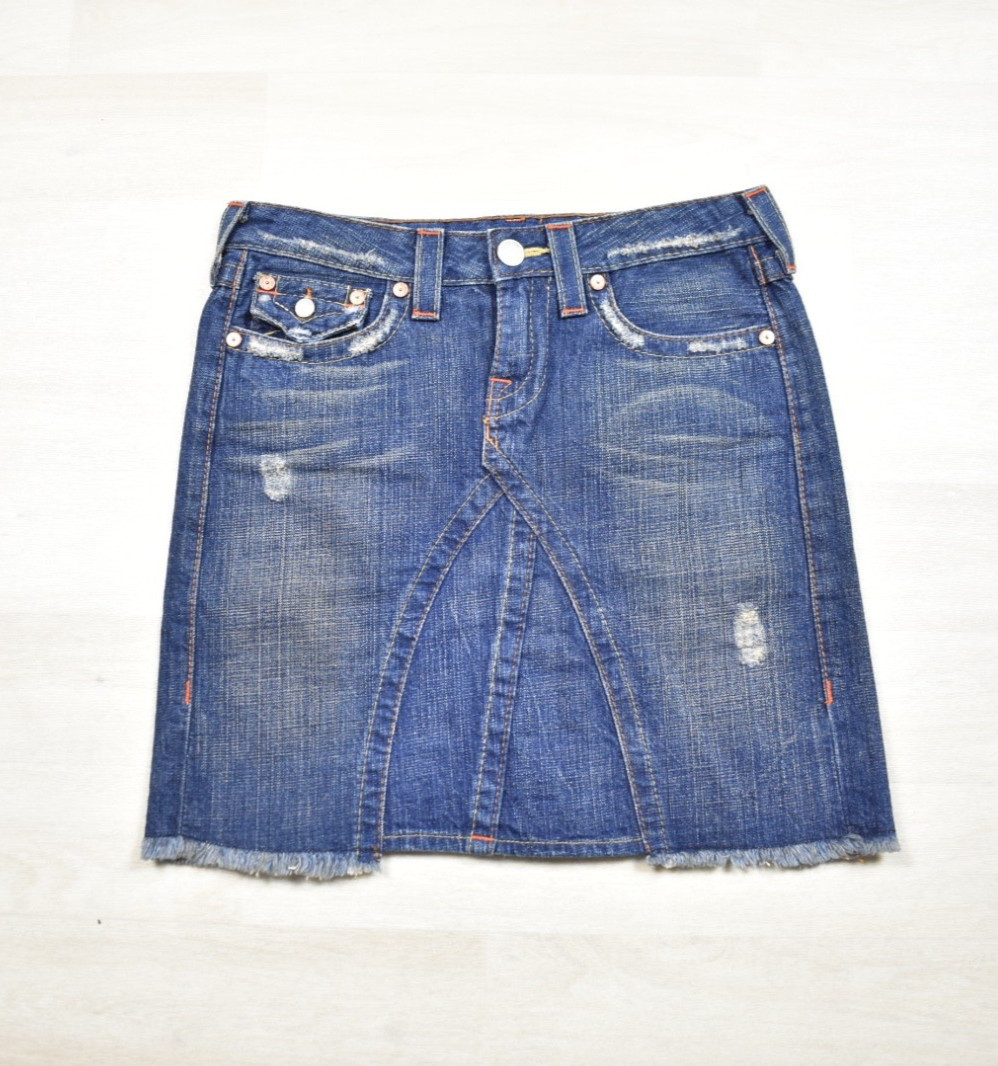 Y2K TRUE RELIGION Joey #18609 Mini Denim Skirt Distressed Flap Pockets 27 VTG