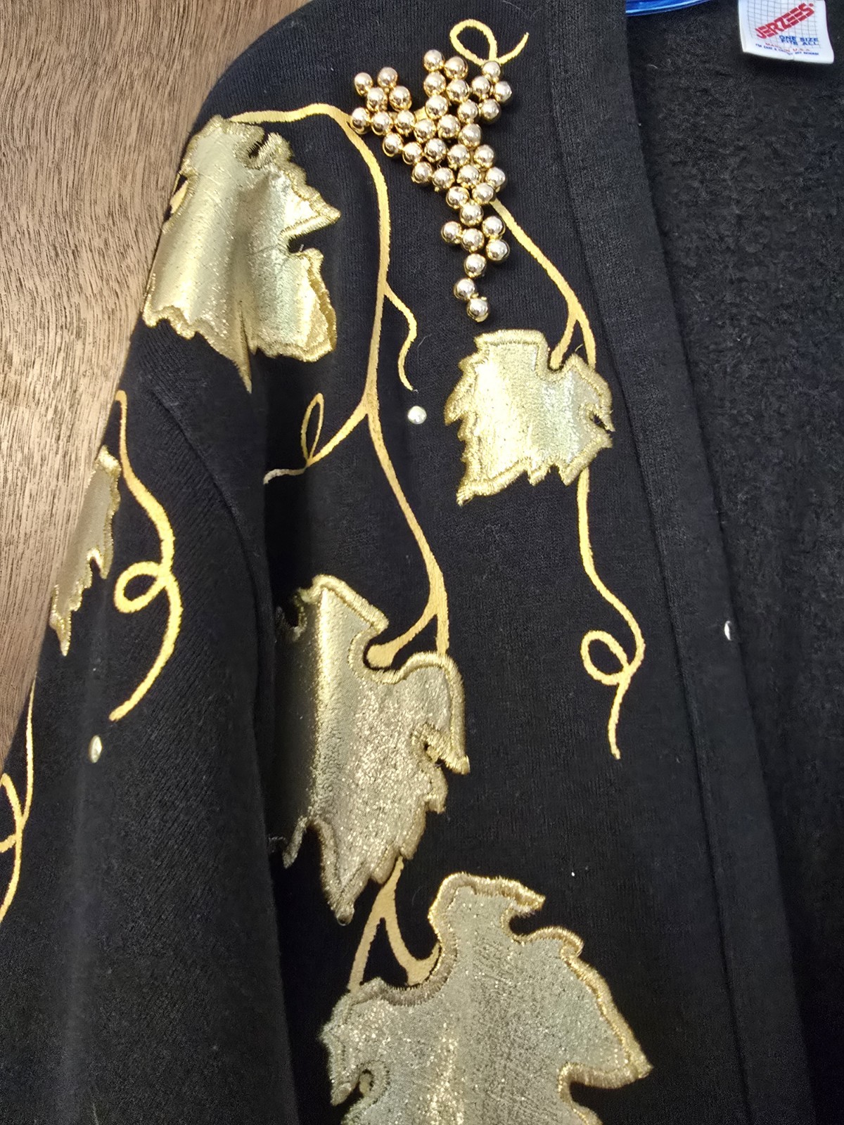 Vintage Jerzees Black Cardigan with Gold Grape Beads Pattern Signed TZC OS READ