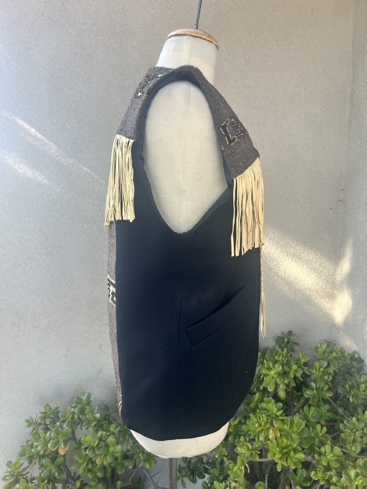 Vtg Wool Vest Southwest Mexican Theme Fringe Beads Small Krista Koeppe