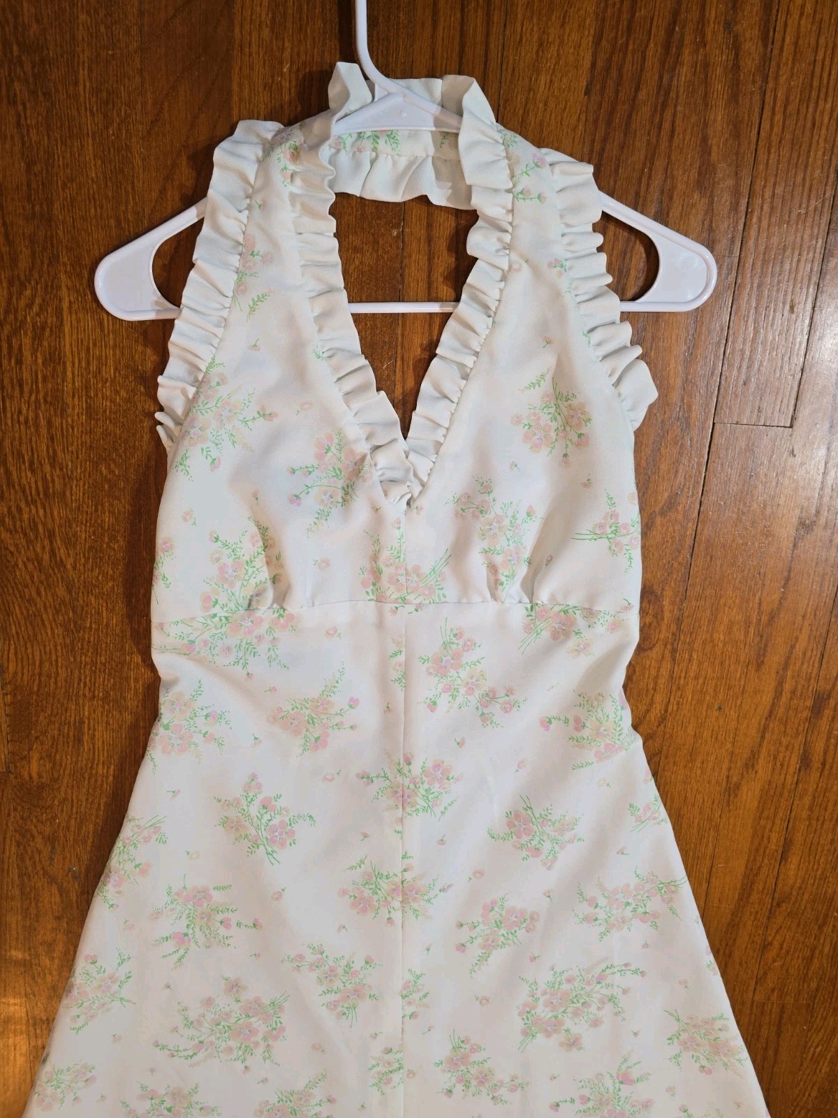 1970s Floral Halter Maxi Dress with Ruffle Trim
