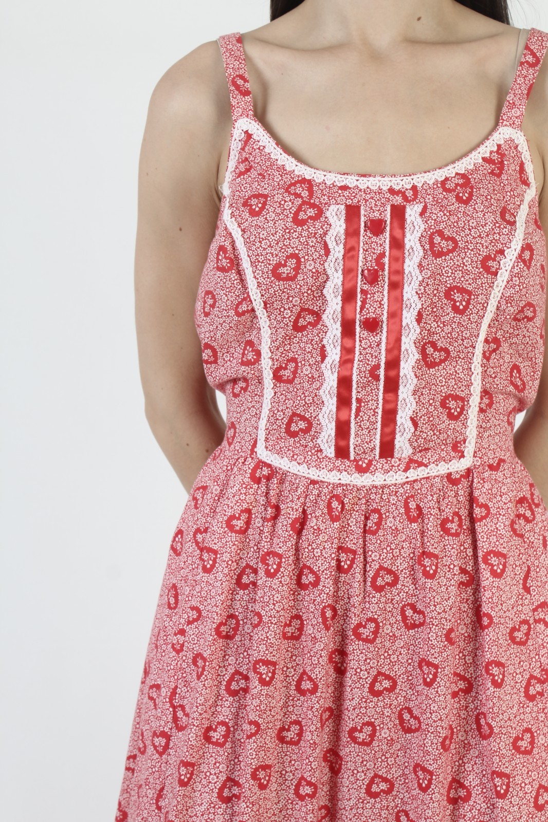 Vintage Red Heart Print Dress Calico Crochet Lace Boho Prairie Cottage Sundress