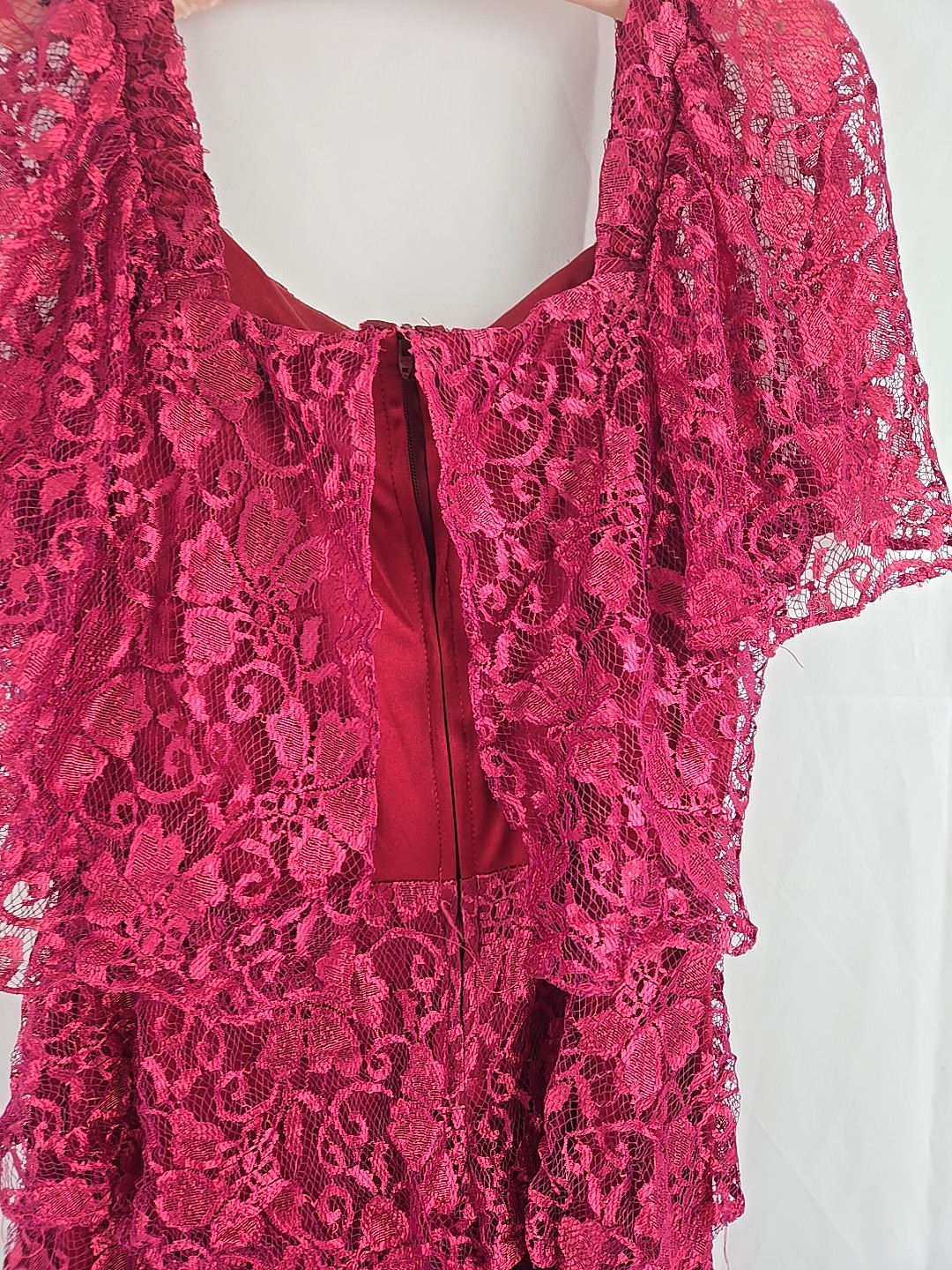 Mister Jay Vintage Dress Sz 14 Short Sleeve Maxi Layers of Lace in Fuchsia Pink