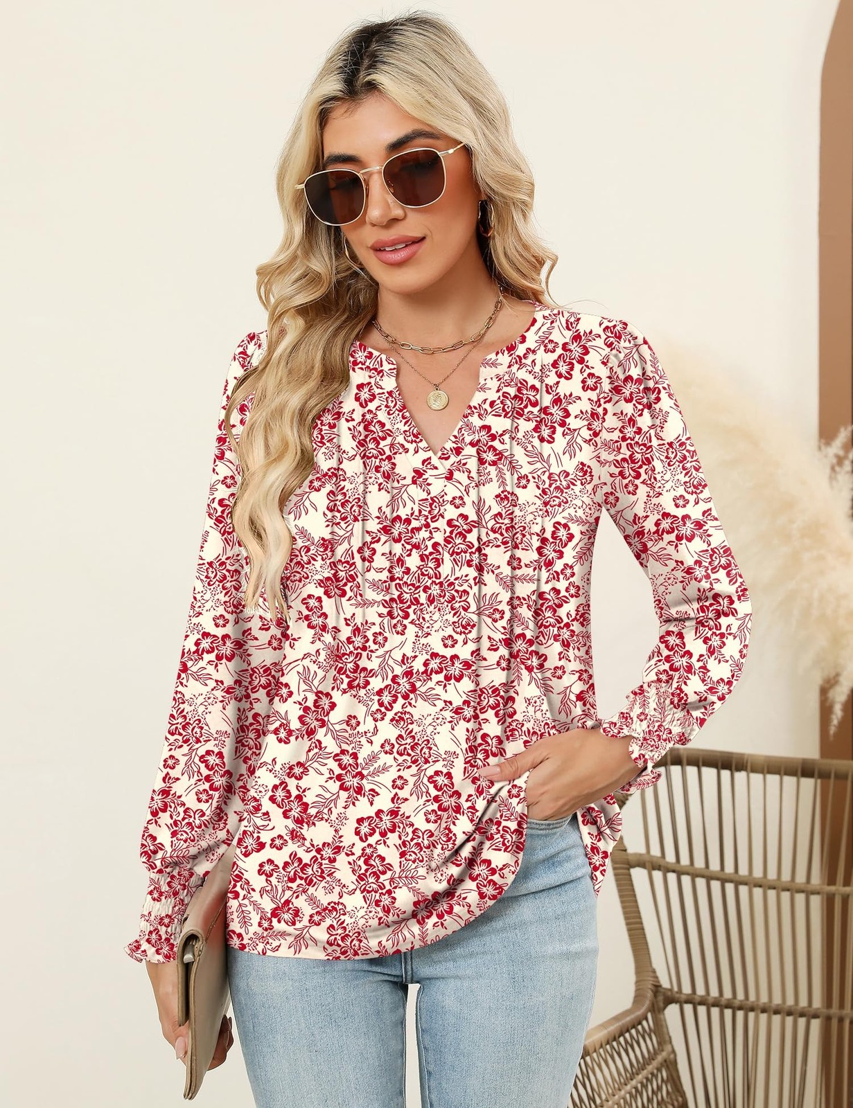 LOMON Womens Tops Dressy Casual Pleated Ruffle Long Sleeve Tunics Tops to Wea…
