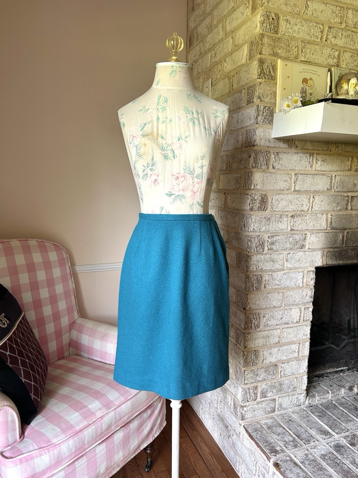 vintage 50s teal jewel tone wool blend pencil skirt size xs