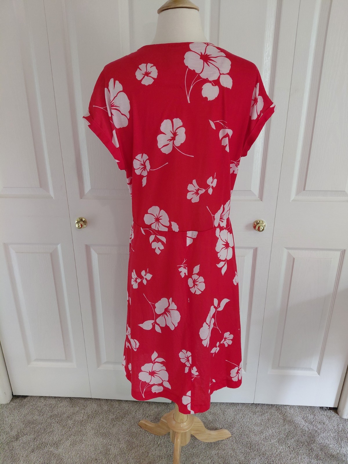 Vintage 1980s Does 1940s Hawaiian Tabby Dress Red White Hibiscus Size Large
