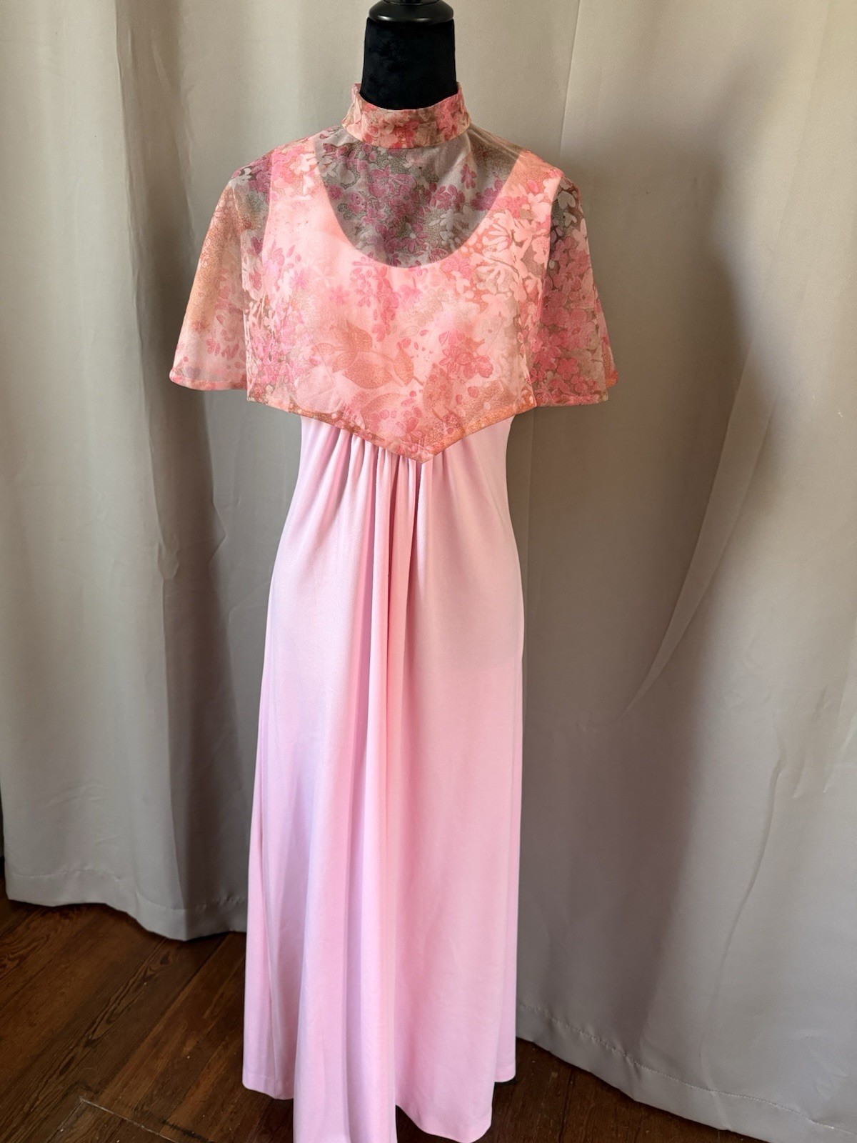 Pink Vintage 70s Maxi Dress Sheer Floral Capelet Womens Size M/L
