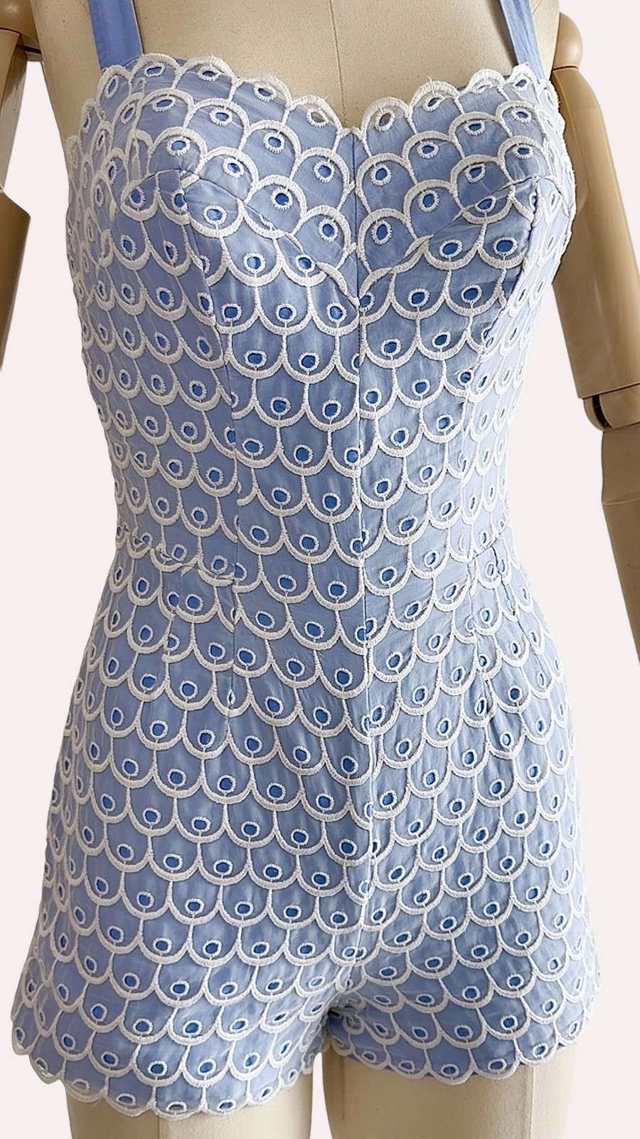 Documented Vintage 1950s JANTZEN Pinup Blue Romper Playsuit Embroidered Eyelet
