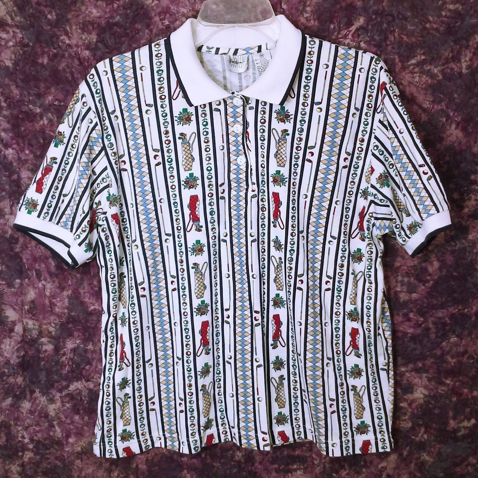 Vintage 90s Jason Maxwell Golf Leisure Polo Top Lady-M Novelty Argyle Cotton