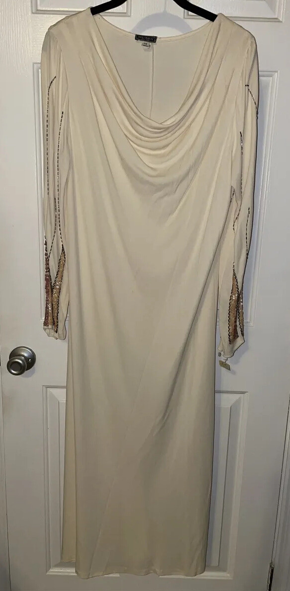 Vintage Muney New York Size 10 Cream Dress Sequin Beaded Long Sleeves