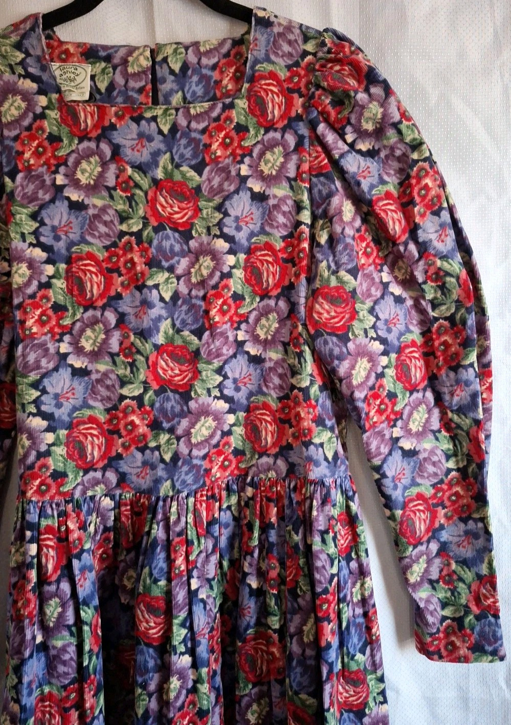 VTG 1990s Laura Ashley Blue Red Purple Floral Puff Sleeve Corduroy Dress 10