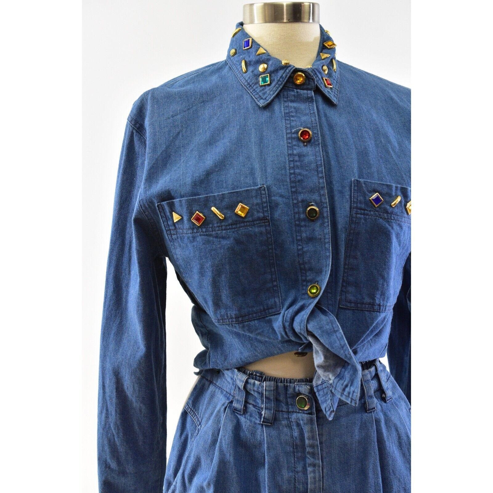 Fstop Jeweled Denim Outfit PleaTed Shorts & Shacket Women’s S