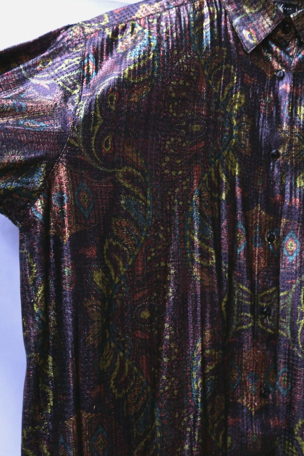 VGT Year Of Metallic Iridescent Paisley Disco Shirt Christmas 90s GLAM Shiny M/L