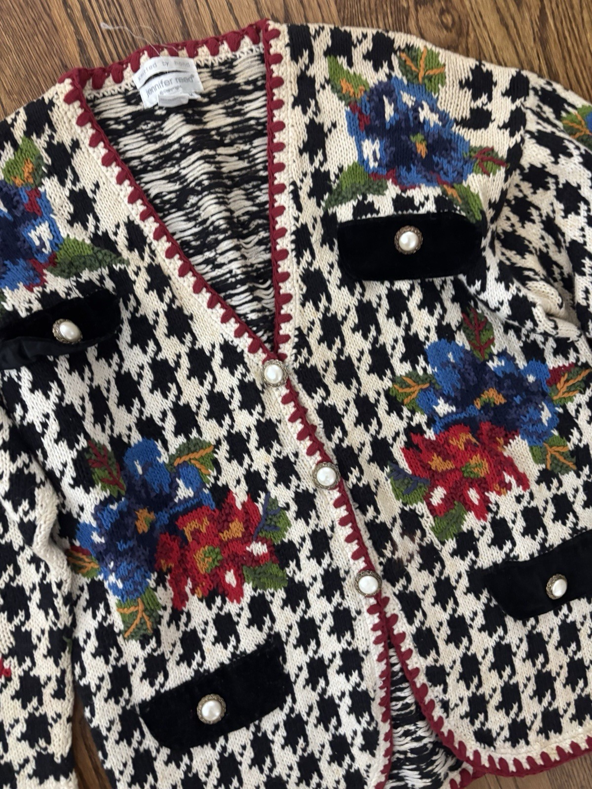 Vintage 1980’s 90’s Houndstooth Cotton Sweater Jennifer Reed Long Cardigan