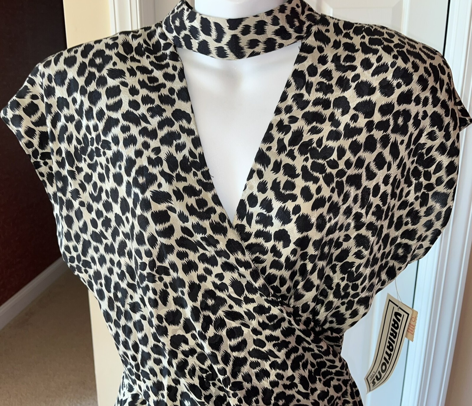 Vintage Tags 1980s Leopard Print Peplum Cap Slv Dress Open Back Sz 16 Curr 10-12