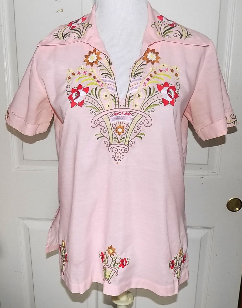 Vintage Pink Viscose Polyester Pullover Top Embroidered Lily B38