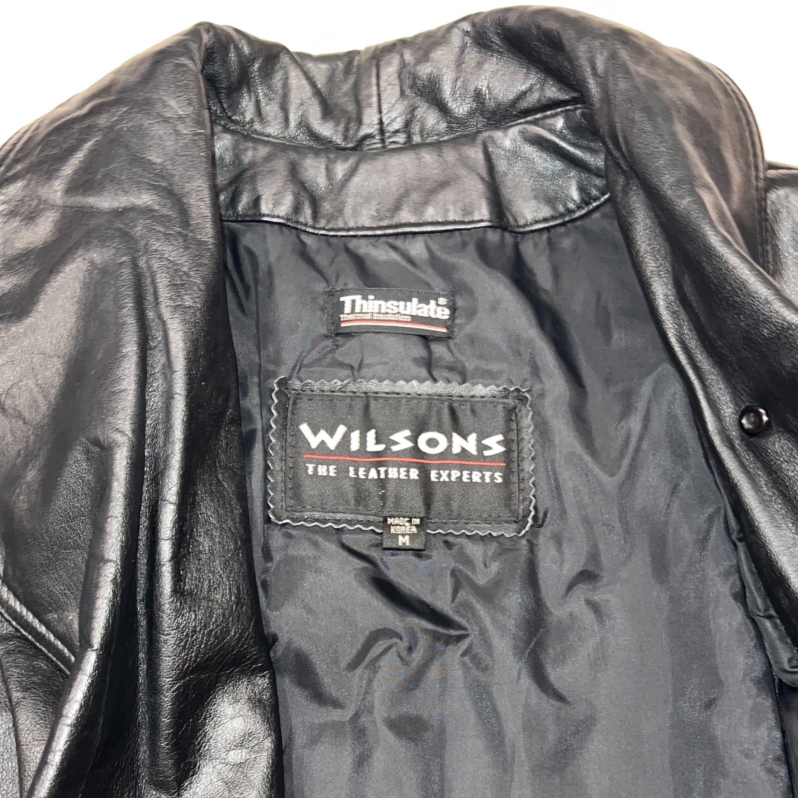 Vtg 80s Wilsons Black Genuine Leather Long Jacket Coat Size M, Thinsulate, Korea