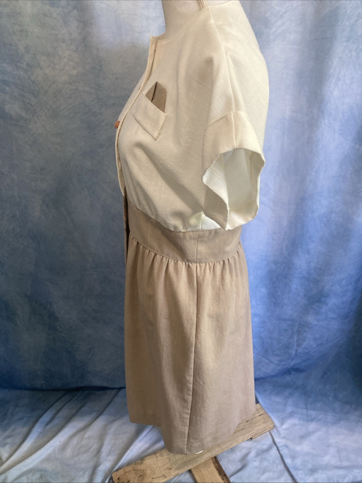 VTG 80s Does 50s Caron Petite Chicago Linen Look Dress Cream Tan Shirtdress XS