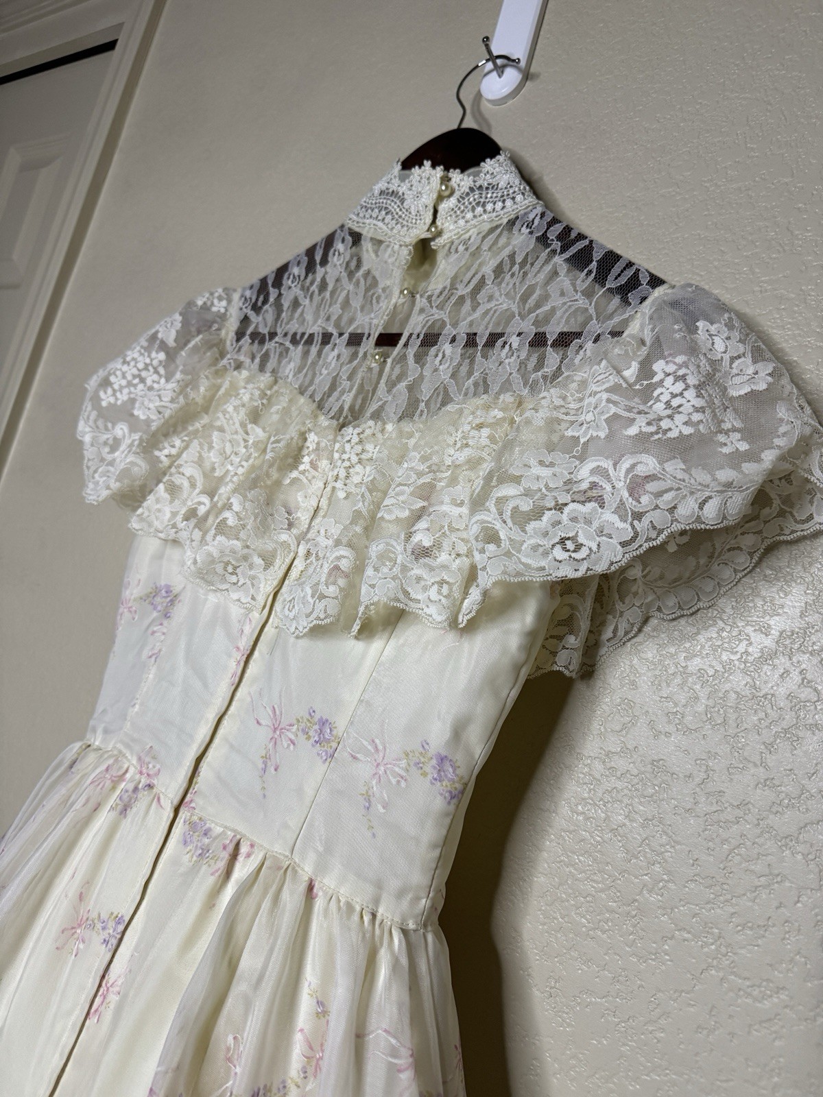 VTG Gunne Sax Wedding Dress Prairie Bows Ivory Lace Victorian Hoop Skirt Sz 5/S