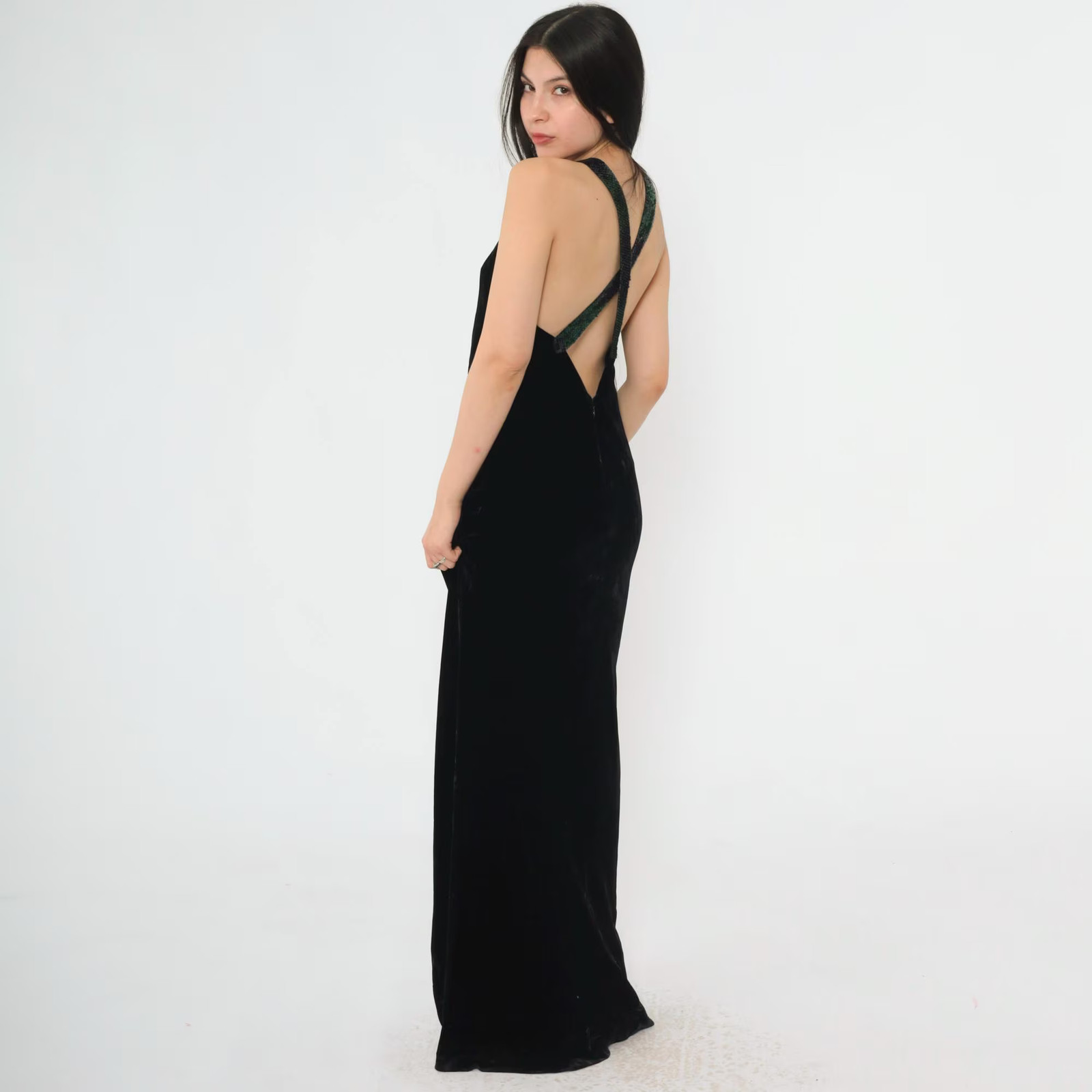 Vintage Ralph Lauren Collection Gown 90s Black Velvet Evening Dress Sequin Strap