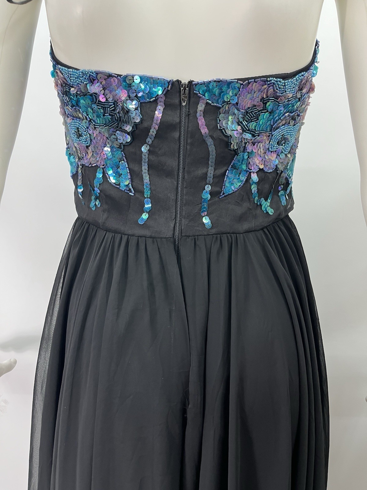 VTG Casadei Strapless Black Dress Sequins Chiffon Flowy Fairy Sz S