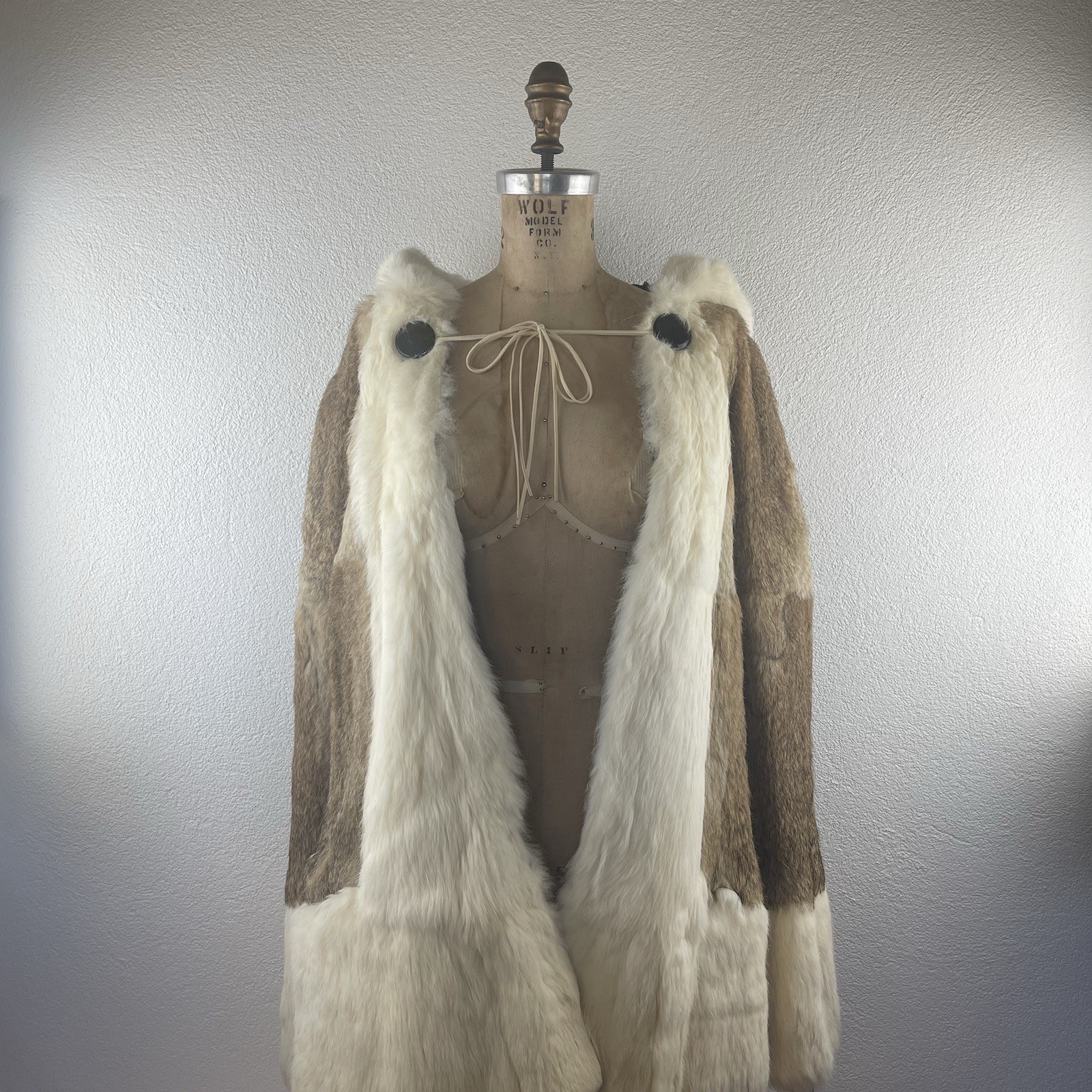 Vintage l 60s Mod Hippie Festival Two-Tone Rabbit Fur Pocket Hooded Cape Poncho