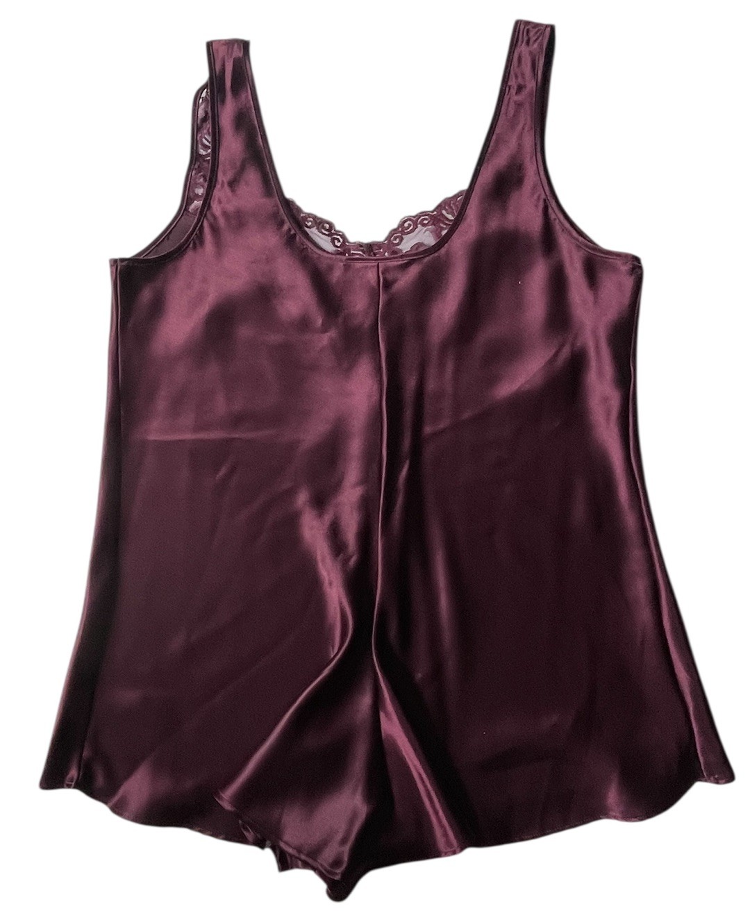 Vintage Burgundy Wine Satin Romper Slip TEDDY Lingerie Lace Snap Crotch Sz Sm
