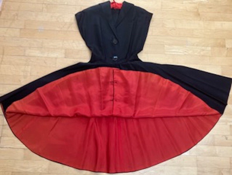 Rare Vintage Black Satin/Rayon Sleeveless Dress With Large Skirt. Size S