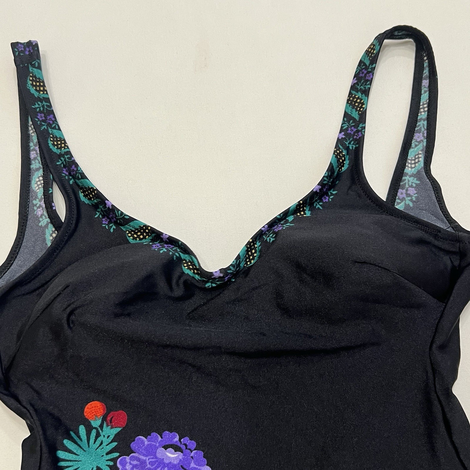 Vintage 1960s Gottex One Piece Swimsuit Sz 12 Black Retro Floral Low Back Pin Up