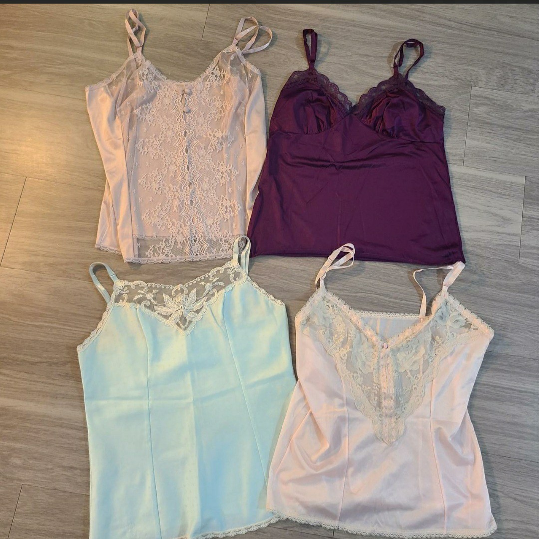 VTG 60s-70s Womens S/M Camisole 4PC Bundle Lace Satin Nylon Adjustable Straps