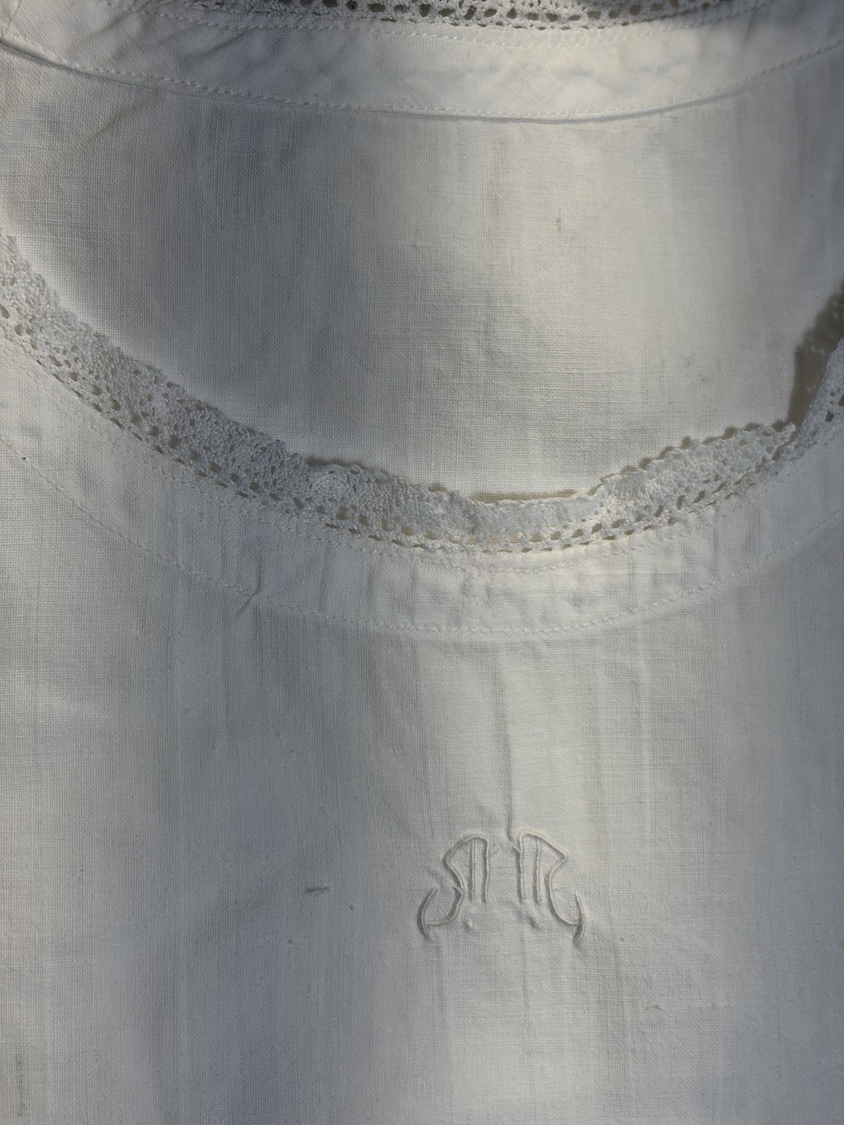 VTG Fine Cotton French Linen White Nightgown Lace Trim HM Trousseau Monogrammed